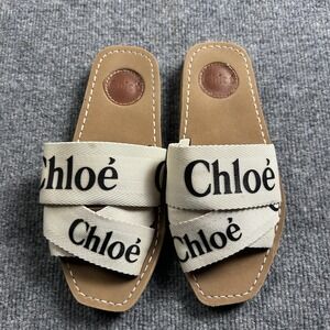 Chloe Woody Slide Sandals Womens Size 7 Beige Logo Straps Flat Cotton Italy
